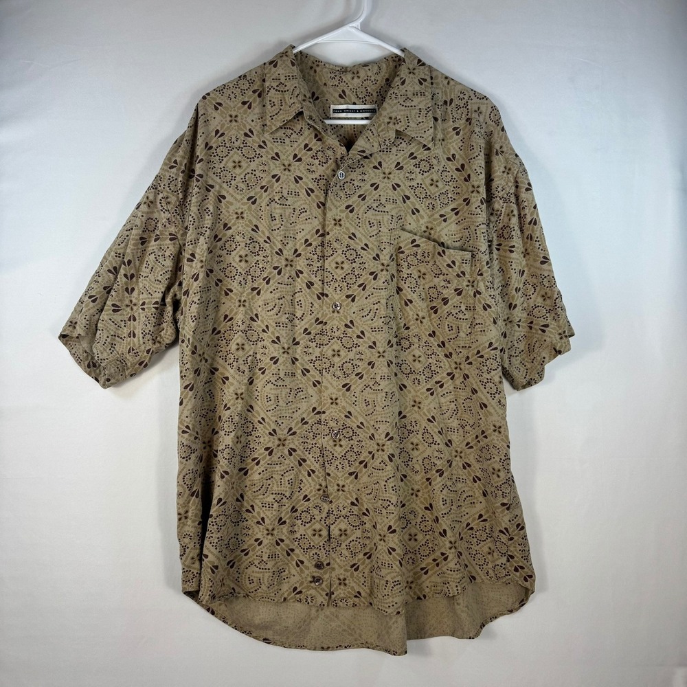 Fenn Wright &Manson Men Tan Brown Geometric Print Short Sleeve Button Down Shirt